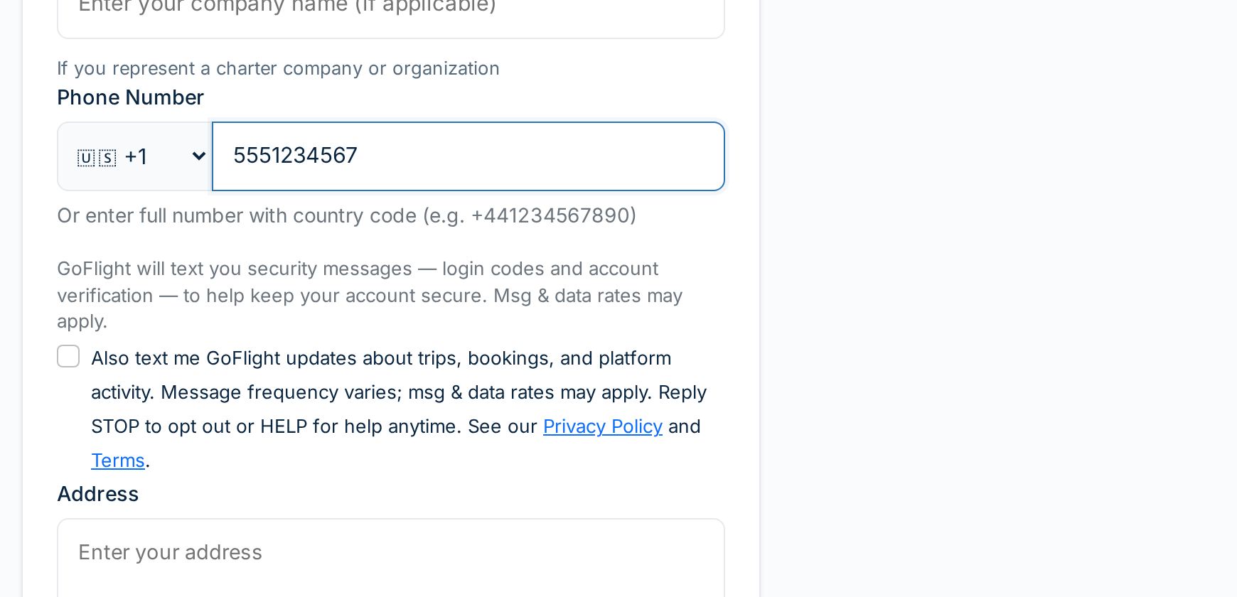 GoFlight sign-up form showing the phone number field, a security-message notice, and an unchecked SMS opt-in checkbox with frequency, rate, STOP/HELP, and Privacy Policy and Terms links.
