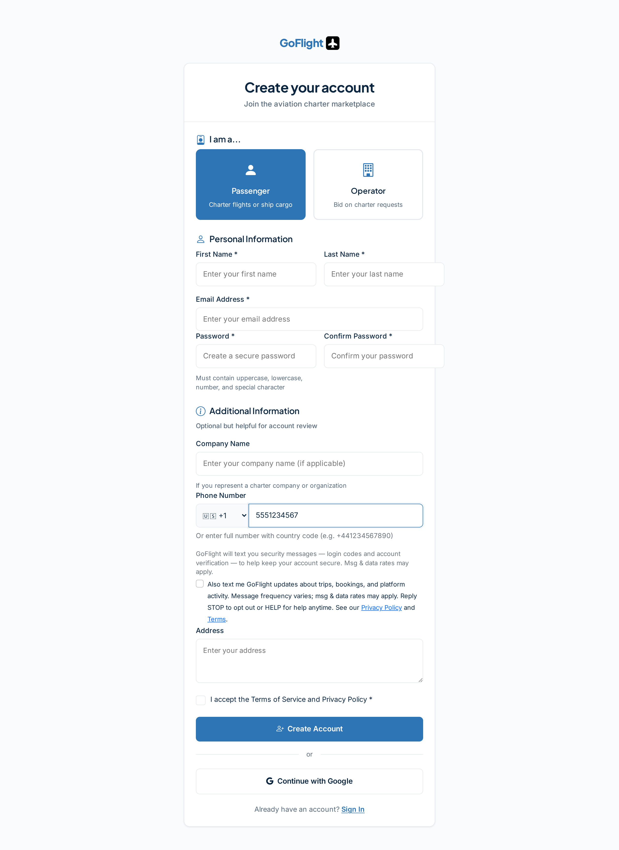 The full GoFlight registration form showing the SMS opt-in checkbox in the context of the complete sign-up page.